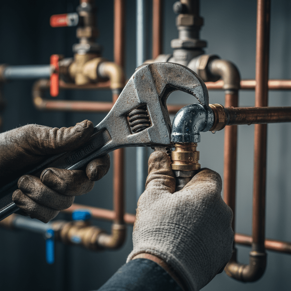 Plumber working on pipe fitting with wrench