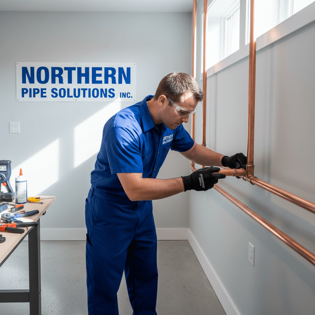 Plumber installing copper pipe with precision