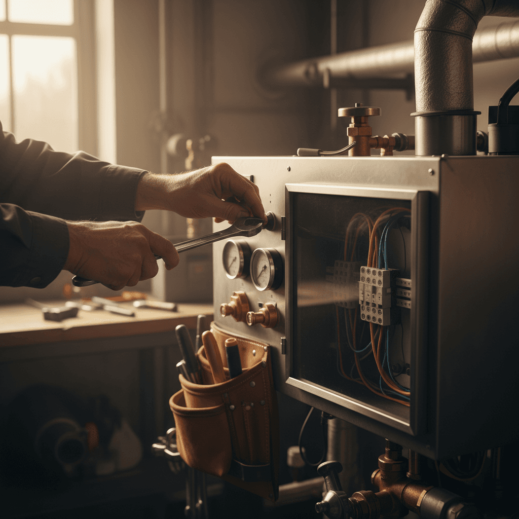 Technician performing boiler maintenance