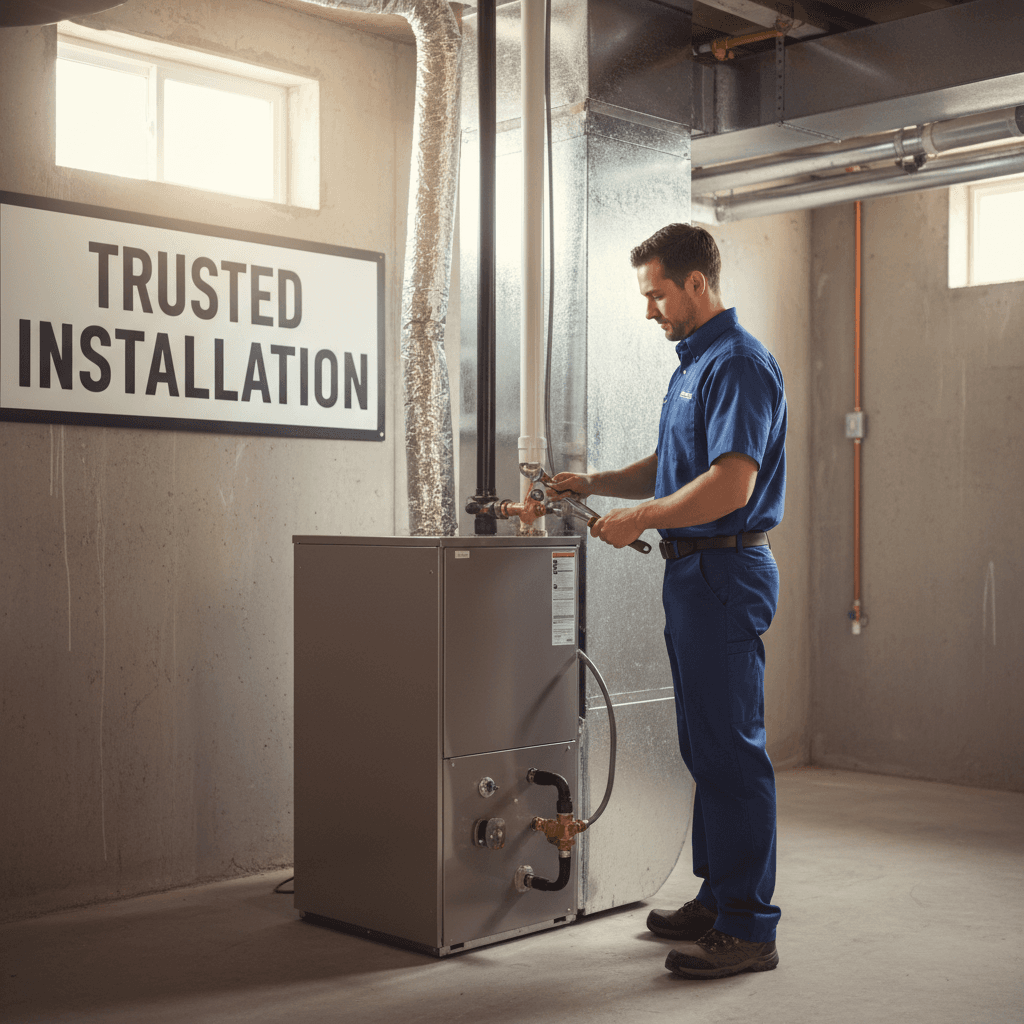 HVAC technician inspecting newly installed furnace