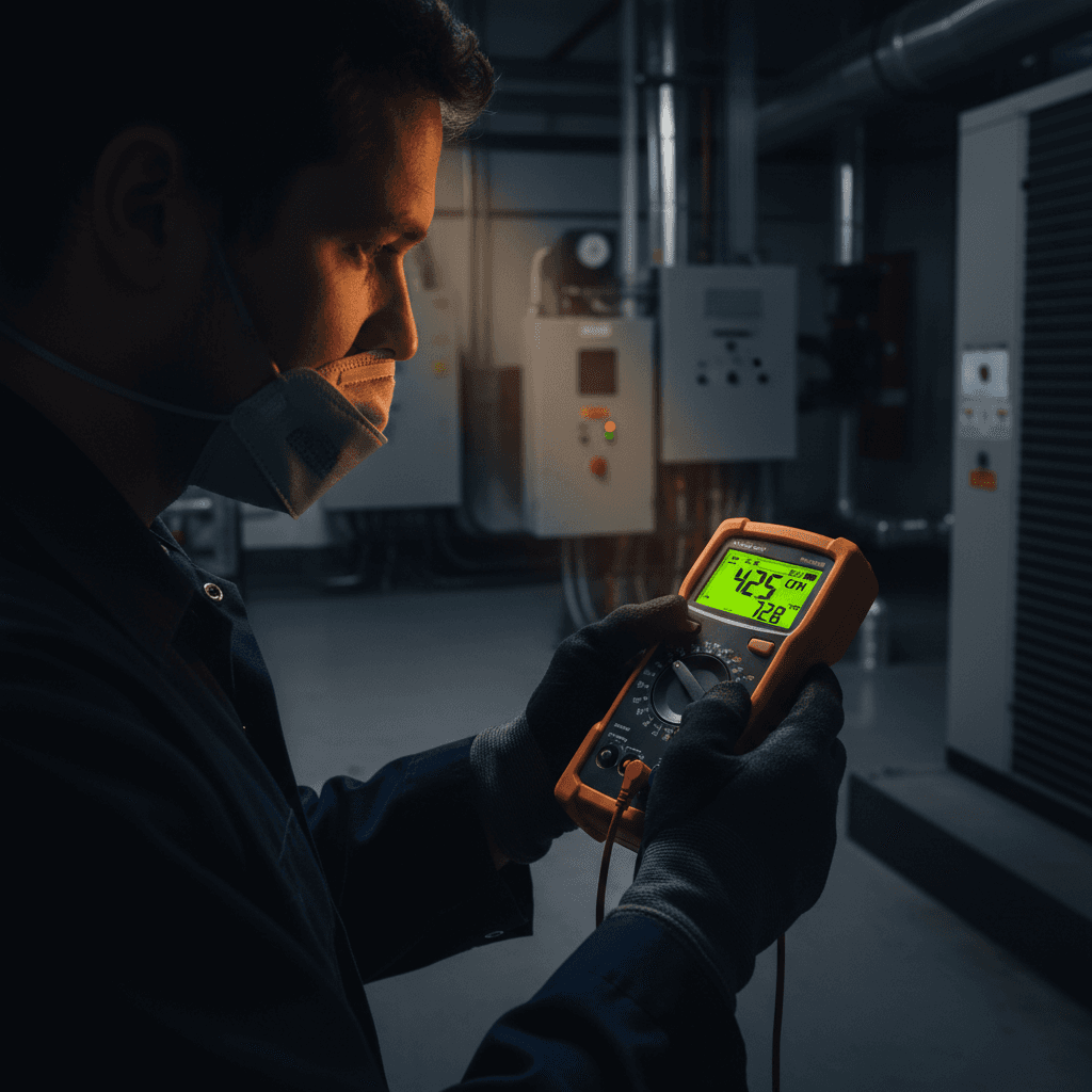 Technician testing HVAC system with diagnostic meter