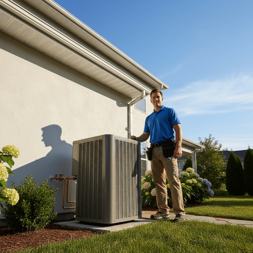 Air conditioning unit installation on residential home exterior
