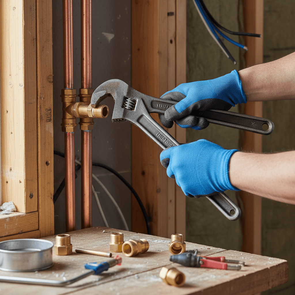 Plumber installing copper piping in residential home