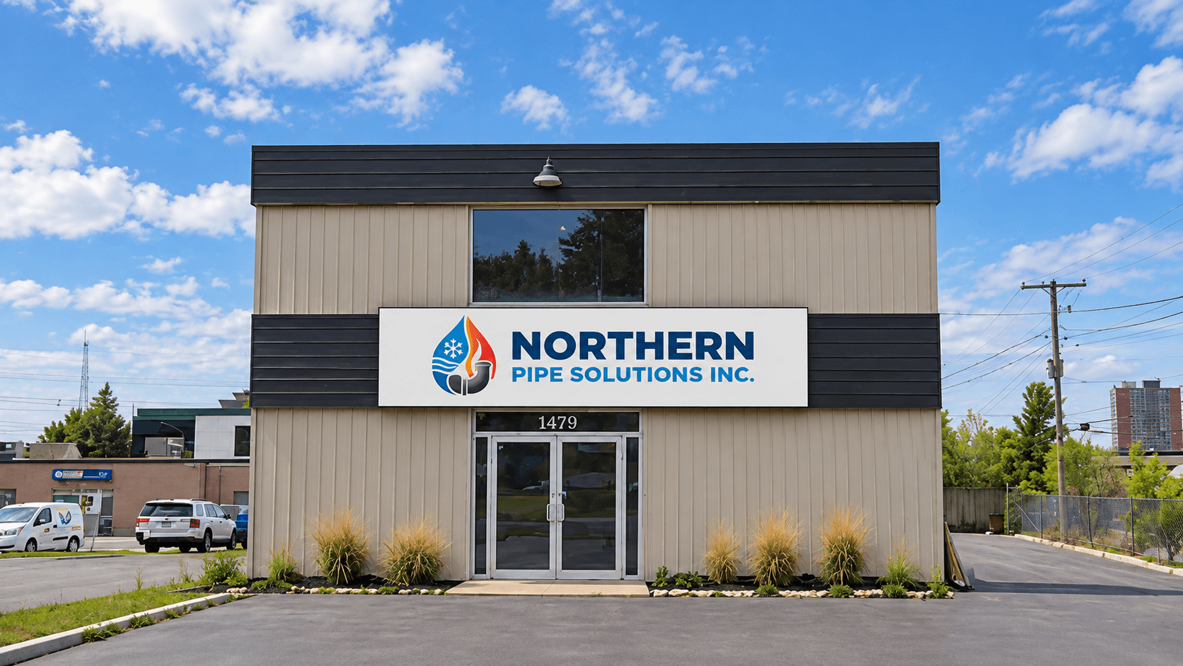 Two-story Northern Pipe Solutions Inc. building with tan siding, glass entrance, and large company sign.